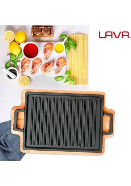 Döküm Dikdörtgen Çift Yön Izgara Hot Plate Döküm Demir Yekpare Çift Kulplu Kayın Servis Ahşabı Ölçü 22x30cm.