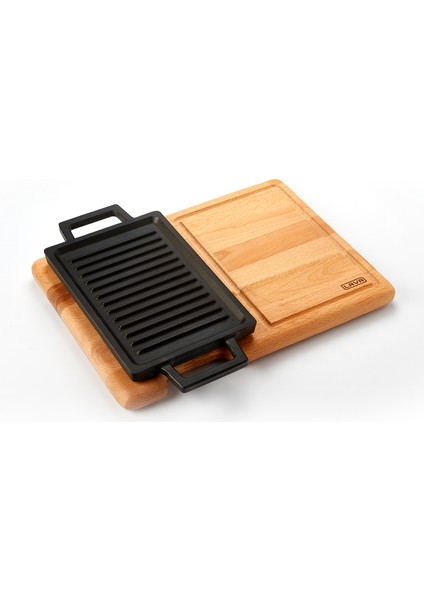 Döküm Dikdörtgen Çift Yön Izgara ve Düz Yüzey Hot Plate Kayın Servis Ahşabı Ölçü 22x15cm.