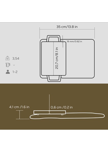 Döküm Dikdörtgen Çift Yön Izgara ve Düz Yüzey Hot Plate Kayın Servis Ahşabı Ölçü 22x15cm.