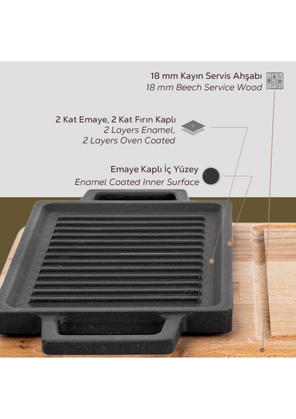 Döküm Dikdörtgen Çift Yön Izgara ve Düz Yüzey Hot Plate Kayın Servis Ahşabı Ölçü 22x15cm.