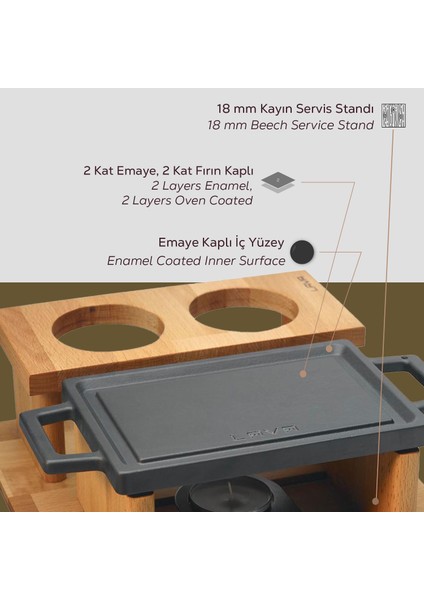 Döküm Dikdörtgen Çift Yön Izgara ve Düz Yüzey Hot Plate Kayın Servis Ahşabı Ölçü 22x15cm. (Iısıtıcı dahil değildir) indirimleri