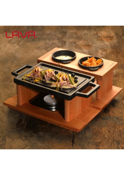 Döküm Dikdörtgen Çift Yön Izgara ve Düz Yüzey Hot Plate Kayın Servis Ahşabı Ölçü 22x15cm. (Iısıtıcı dahil değildir)