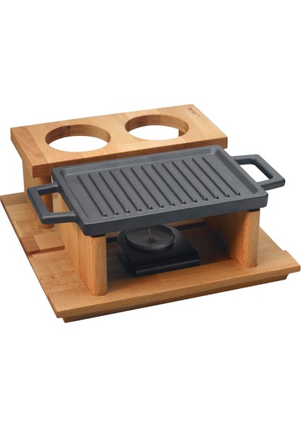 Döküm Dikdörtgen Çift Yön Izgara ve Düz Yüzey Hot Plate Kayın Servis Ahşabı Ölçü 22x15cm. (Iısıtıcı dahil değildir)
