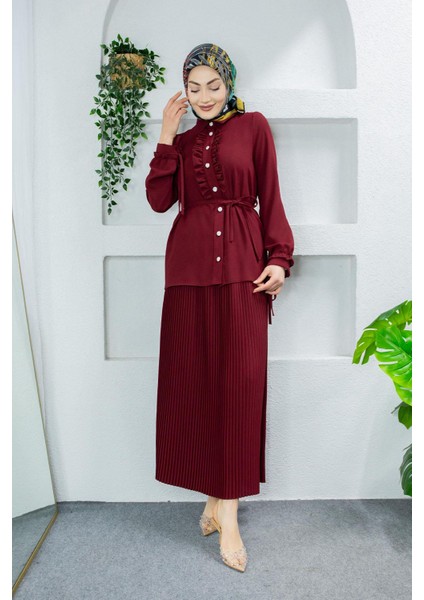 Terra Fırfırlı Bluz Piliseli Etek Krep Takım-Bordo