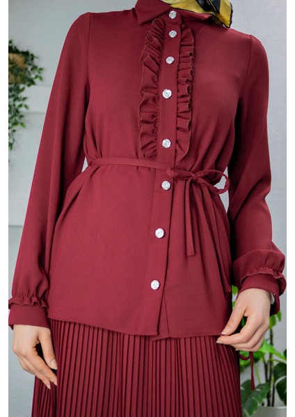 Terra Fırfırlı Bluz Piliseli Etek Krep Takım-Bordo fiyatları