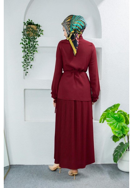 Terra Fırfırlı Bluz Piliseli Etek Krep Takım-Bordo modelleri