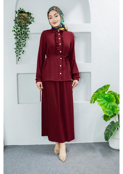 Terra Fırfırlı Bluz Piliseli Etek Krep Takım-Bordo fırsatları