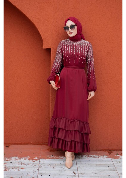 Aliss Taş ve Fırfırlı Tesettür Abiye-Bordo
