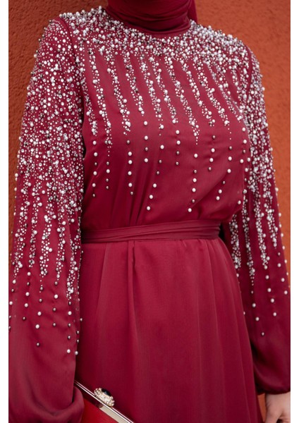 Aliss Taş ve Fırfırlı Tesettür Abiye-Bordo fiyatları