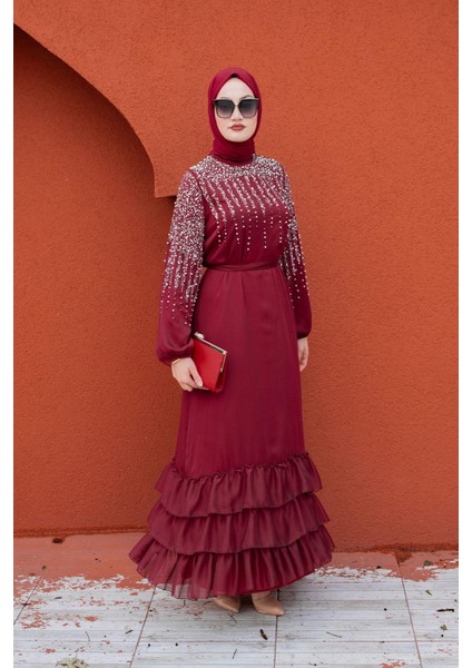 Aliss Taş ve Fırfırlı Tesettür Abiye-Bordo fırsatları