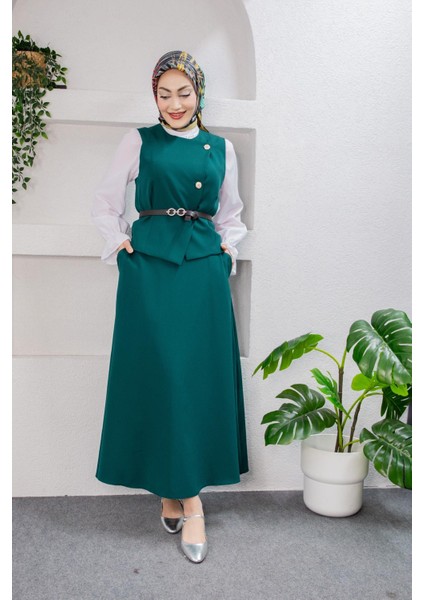 Hedy Kemerli Yelek Etek Takım-Petrol