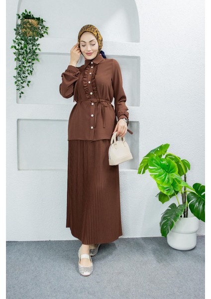 Terra Fırfırlı Bluz Piliseli Etek Krep Takım-Kahve