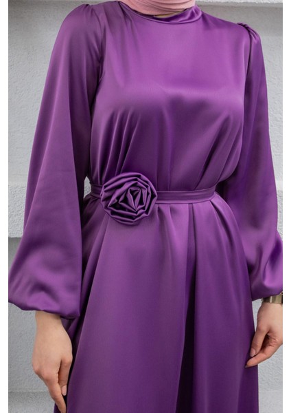 Gül Detay Kemerli Saten Abiye Elbise-Siyah fiyatları