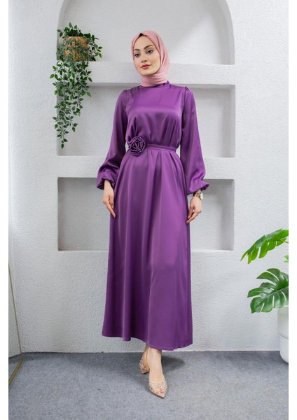 Gül Detay Kemerli Saten Abiye Elbise-Siyah fırsatları