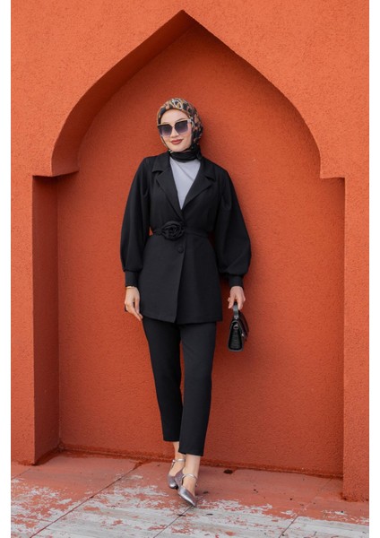 Need Gül Kuşaklı Ceket Pantolon Takım-Siyah fırsatları