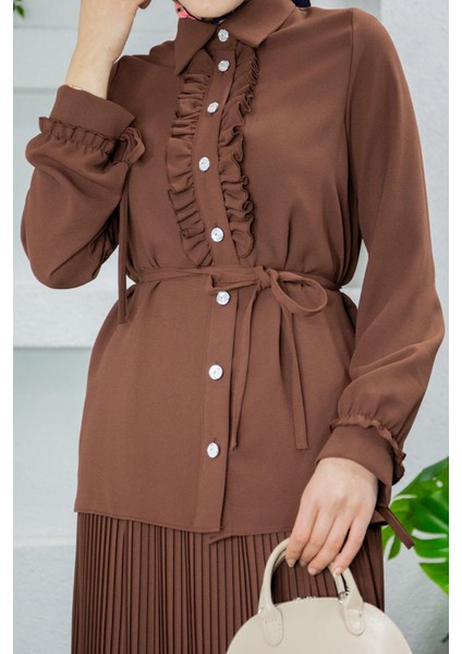 Terra Fırfırlı Bluz Piliseli Etek Krep Takım-Kahve fiyatları