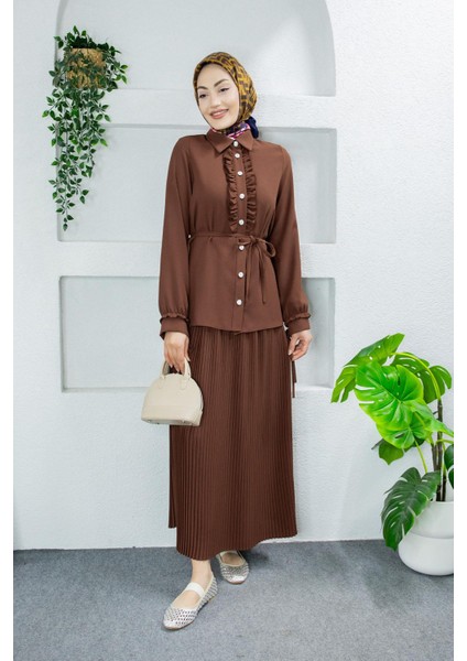 Terra Fırfırlı Bluz Piliseli Etek Krep Takım-Kahve modelleri