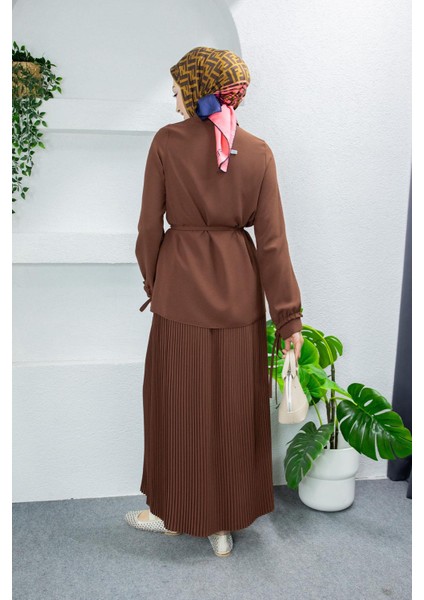 Terra Fırfırlı Bluz Piliseli Etek Krep Takım-Kahve fırsatları