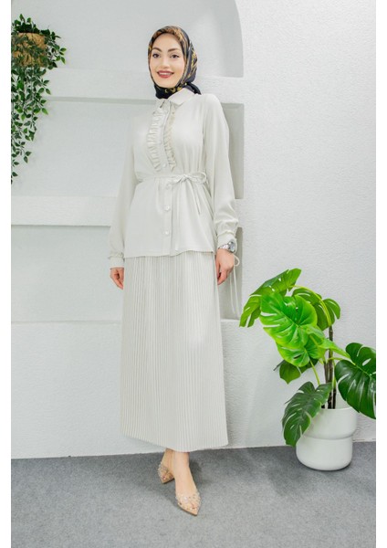 Terra Fırfırlı Bluz Piliseli Etek Krep Takım-Ekru