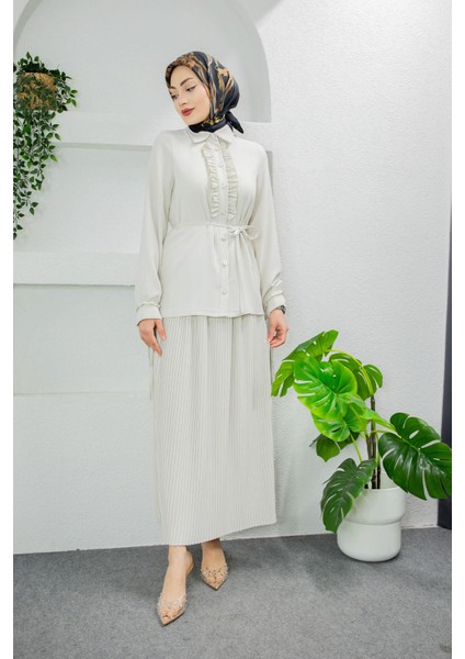 Terra Fırfırlı Bluz Piliseli Etek Krep Takım-Ekru modelleri