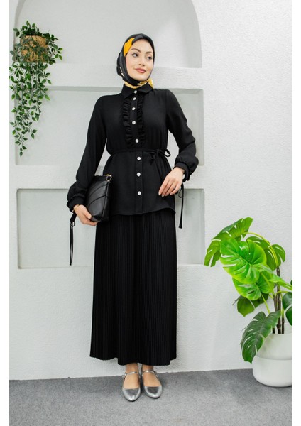 Terra Fırfırlı Bluz Piliseli Etek Krep Takım-Siyah