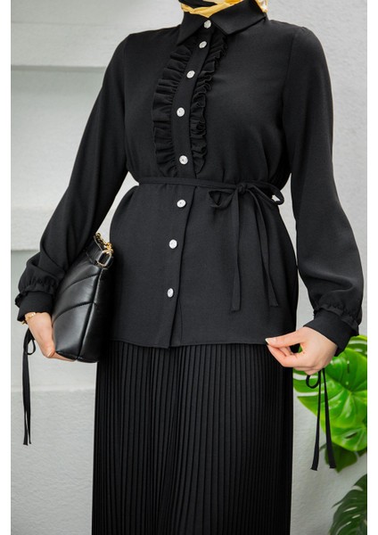 Terra Fırfırlı Bluz Piliseli Etek Krep Takım-Siyah fiyatları