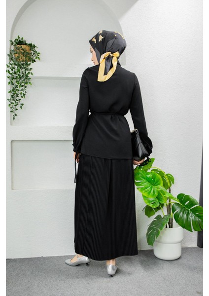 Terra Fırfırlı Bluz Piliseli Etek Krep Takım-Siyah modelleri