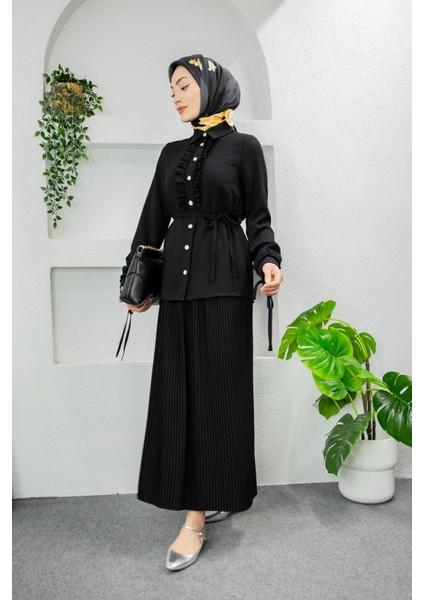 Terra Fırfırlı Bluz Piliseli Etek Krep Takım-Siyah fırsatları