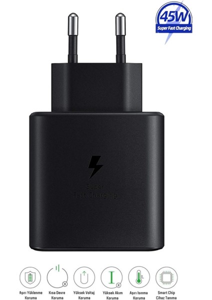 45W Type-C Çıkışlı Süper Hızlı Şarj Adaptör Başlık ve Type-C To Type-C 1m Kablo Seti