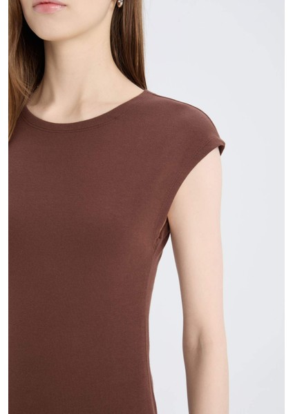 Bodycon Vücudu Saran Bisiklet Yaka Ribana Kısa Kollu Midi Elbise D5220AX25SP