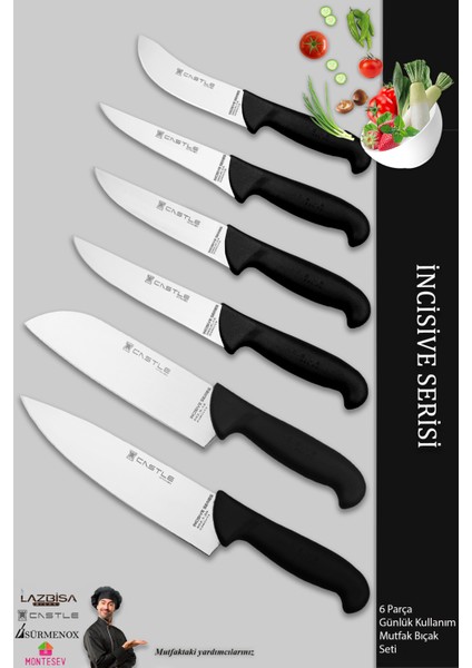 Incisive Serisi Mutfak Bıçak Seti Et Ekmek Sebze Şef Bıçağı 6 Lı Set Günlük Kullanım ( MFT-258 )