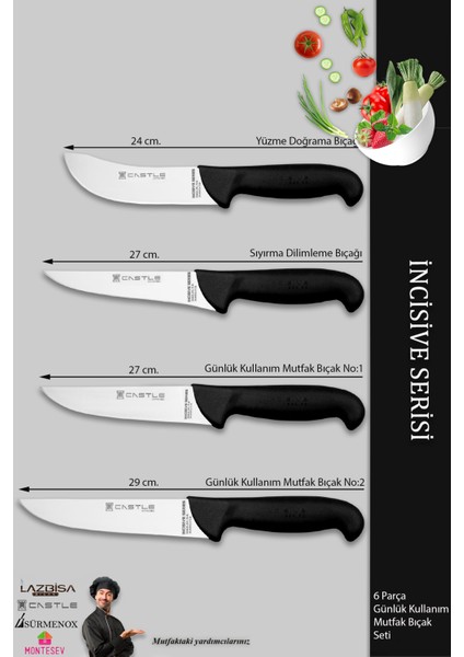 Incisive Serisi Mutfak Bıçak Seti Et Ekmek Sebze Şef Bıçağı 6 Lı Set Günlük Kullanım ( MFT-258 )