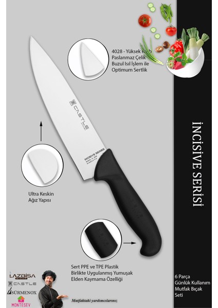 Incisive Serisi Mutfak Bıçak Seti Et Ekmek Sebze Şef Bıçağı 6 Lı Set Günlük Kullanım ( MFT-258 )