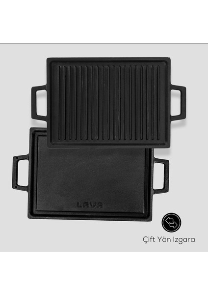 Döküm Dikdörtgen Çift Yön Izgara Hot Plate Döküm Demir Yekpare Çift Kulplu Ölçü 22x30cm.