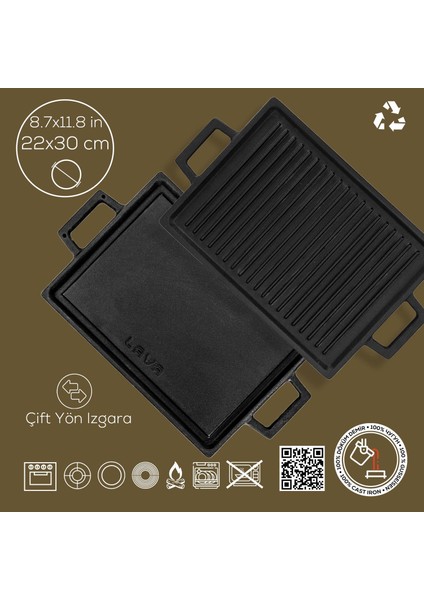 Döküm Dikdörtgen Çift Yön Izgara Hot Plate Döküm Demir Yekpare Çift Kulplu Ölçü 22x30cm.