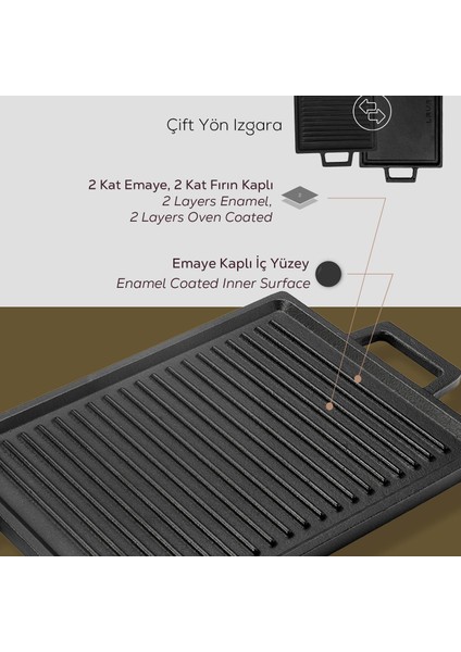 Döküm Dikdörtgen Çift Yön Izgara Hot Plate Döküm Demir Yekpare Çift Kulplu Ölçü 22x30cm.