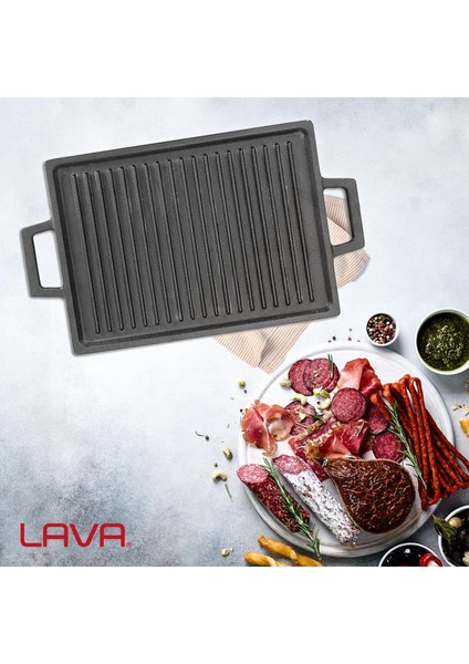 Döküm Dikdörtgen Çift Yön Izgara Hot Plate Döküm Demir Yekpare Çift Kulplu Ölçü 22x30cm.