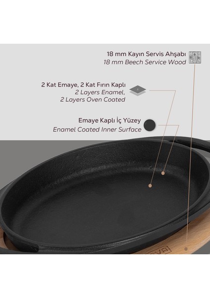 Döküm Oval Sahan Döküm Demir Yekpare Çift Kulplu Kayın Servis Ahşabı Ölçü 15x10cm.