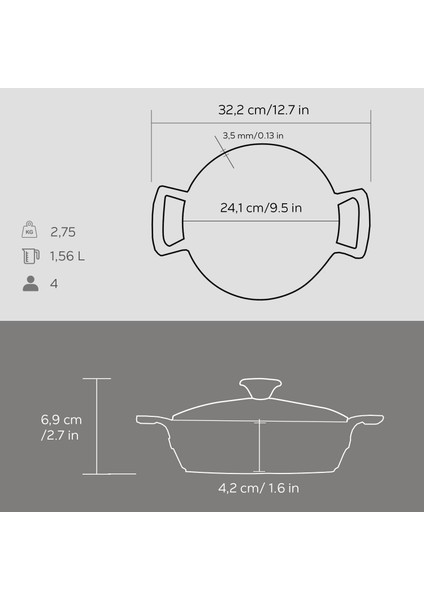 Döküm Yuvarlak Sahan Cam Kapaklı Döküm Demir Yekpare Çift Kulplu Çap(Ø)24cm.
