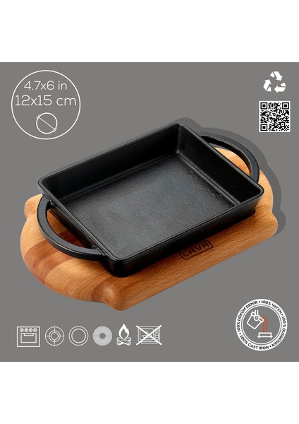 Döküm Dikdörtgen Sahan Döküm Demir Yekpare Çift Kulplu Kayın Servis Ahşabı Ölçü 12x15cm.