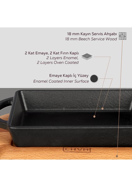Döküm Dikdörtgen Sahan Döküm Demir Yekpare Çift Kulplu Kayın Servis Ahşabı Ölçü 12x15cm.