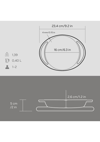 Döküm Yuvarlak Sahan Döküm Demir Yekpare Çift Kulplu Kayın Servis Ahşabı Çap(Ø)16cm.