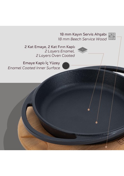 Döküm Yuvarlak Sahan Döküm Demir Yekpare Çift Kulplu Kayın Servis Ahşabı Çap(Ø)16cm.