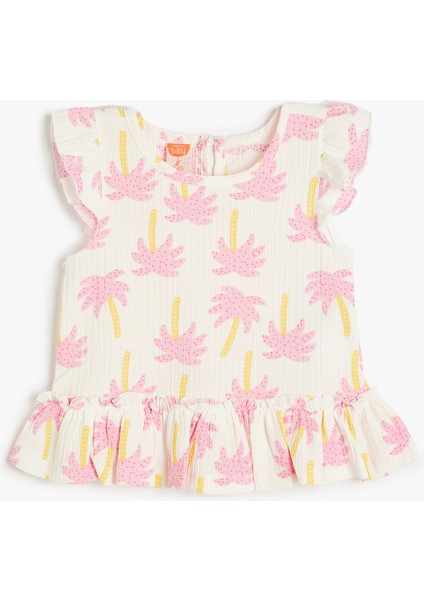 Fırfırlı Peplum Tişört Kap Kol Baskılı Yuvarlak Yaka