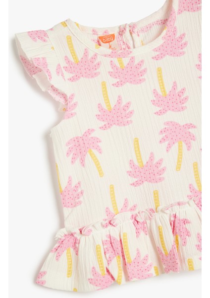 Fırfırlı Peplum Tişört Kap Kol Baskılı Yuvarlak Yaka modelleri