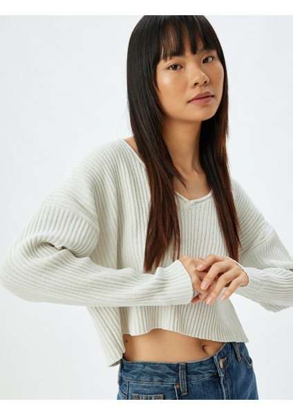 Crop Kazak Triko V Yaka Uzun Kollu