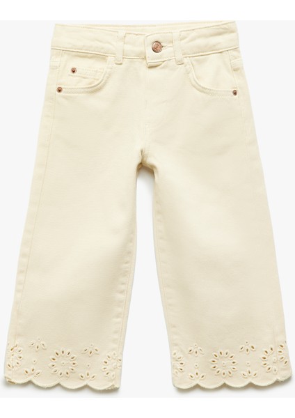 Çiçek Desenli Brodeli Pamuklu Denim Pantolon