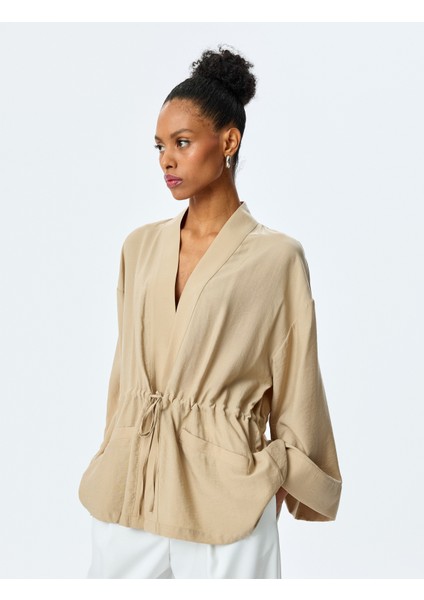 Modal Karışımlı Beli Bağcıklı Oversize Uzun Kollu Kruvaze Kimono