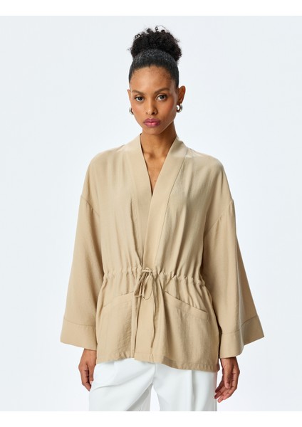 Modal Karışımlı Beli Bağcıklı Oversize Uzun Kollu Kruvaze Kimono modelleri