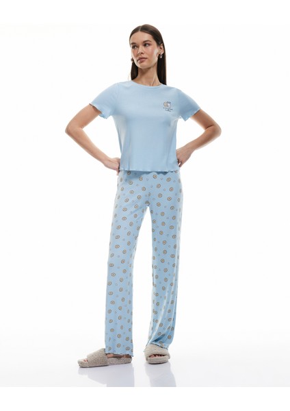 Viskon Kaşkorse Kısa Kollu Bisiklet Yaka Baskılı Pijama Takımı